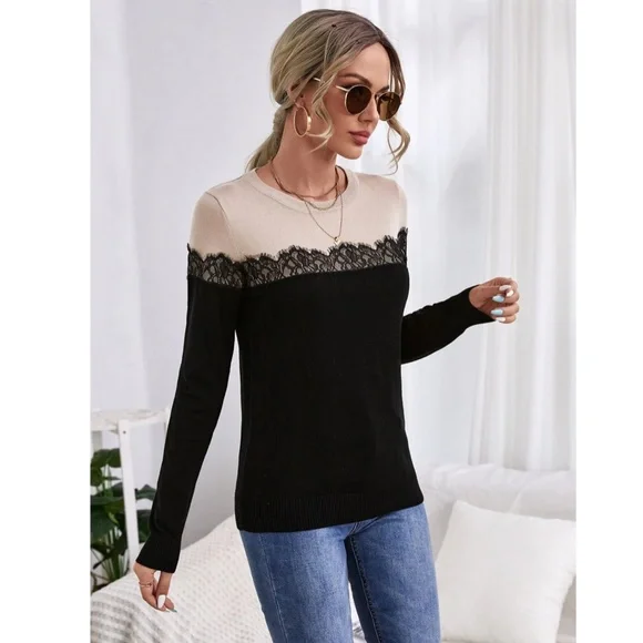Lace Detail Black Beige Crew Neck Knit Long Sleeve Sweater Pullover - Picture 3 of 7